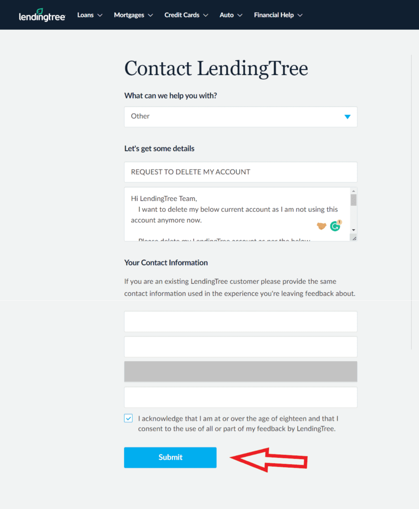 delete lendingtree account provide personal details