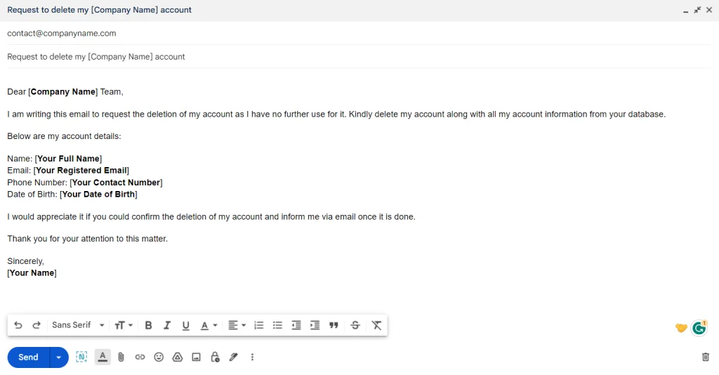 request to delete my account mail