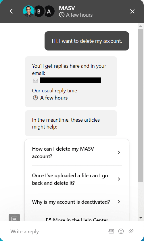 How to Delete MASV Account via Support Chat 777