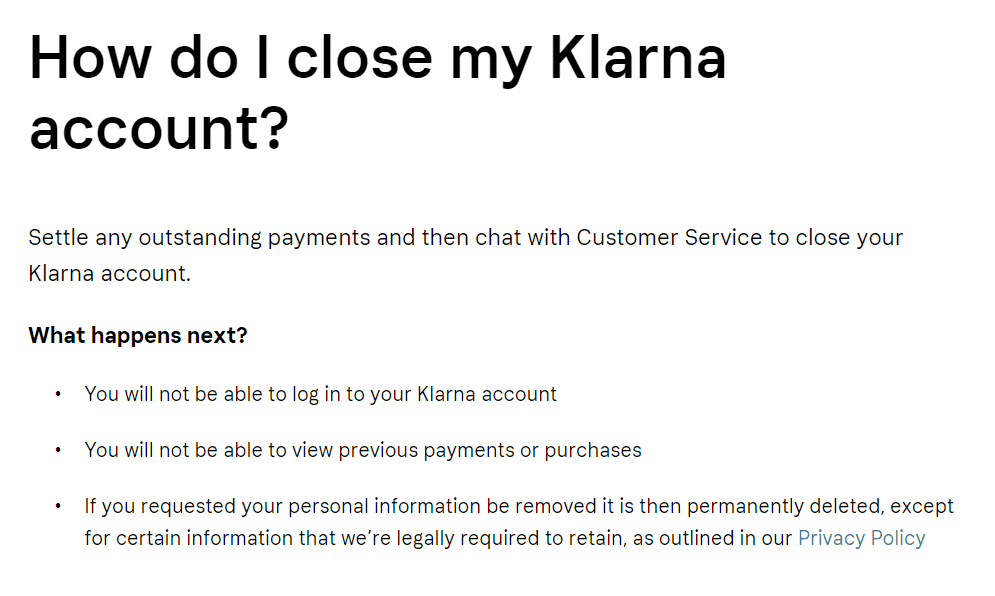 How to delete Klarna account info